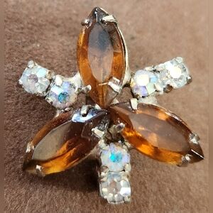 Amber & Clear Rhinestone Vintage Pin, Brooch